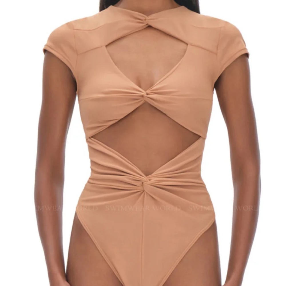 Andrea Iyamah Tan Cut-Out Ruched Bodysuit